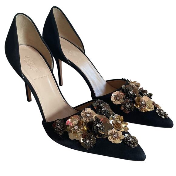 J. Crew Collection SZ 10 Elsie Floral Sequin D'Orsay Pumps Black Suede Heels EUC